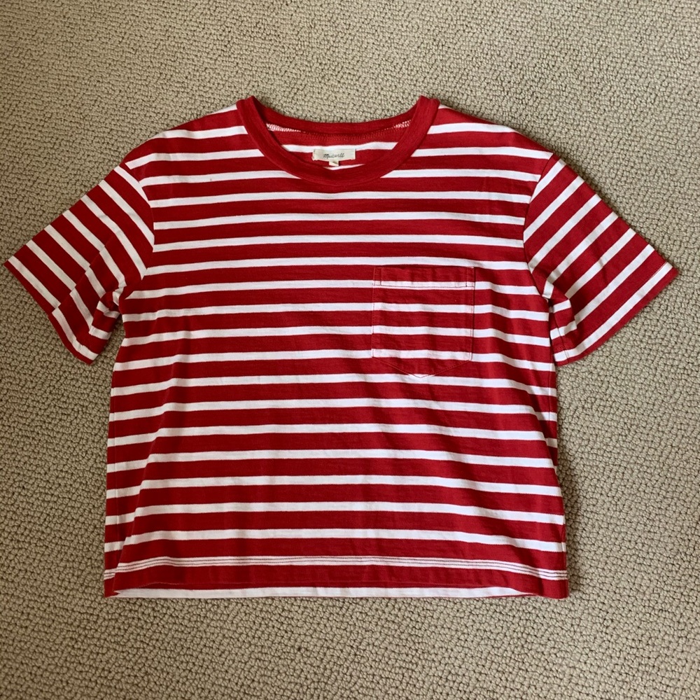 Madewell Red Striped Cropped Knit T-Shirt